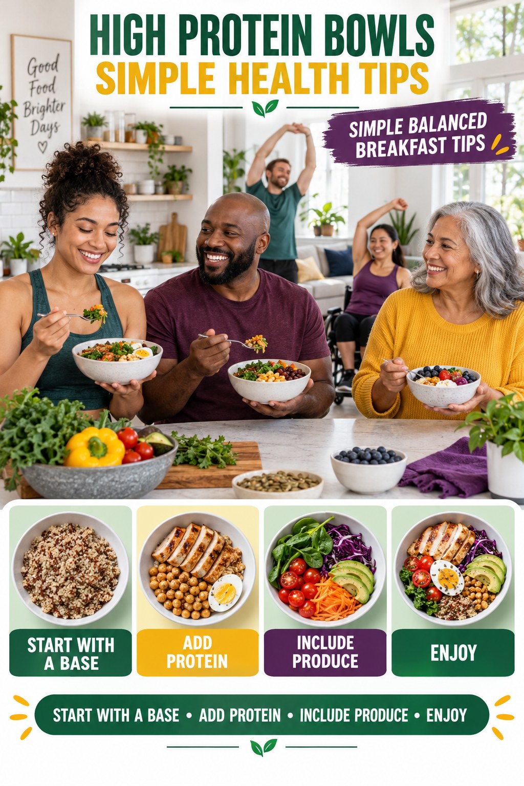 High Protein Bowls simple-health graphic titled Simple Balanced Breakfast Tips with four practical wellness prompts.
