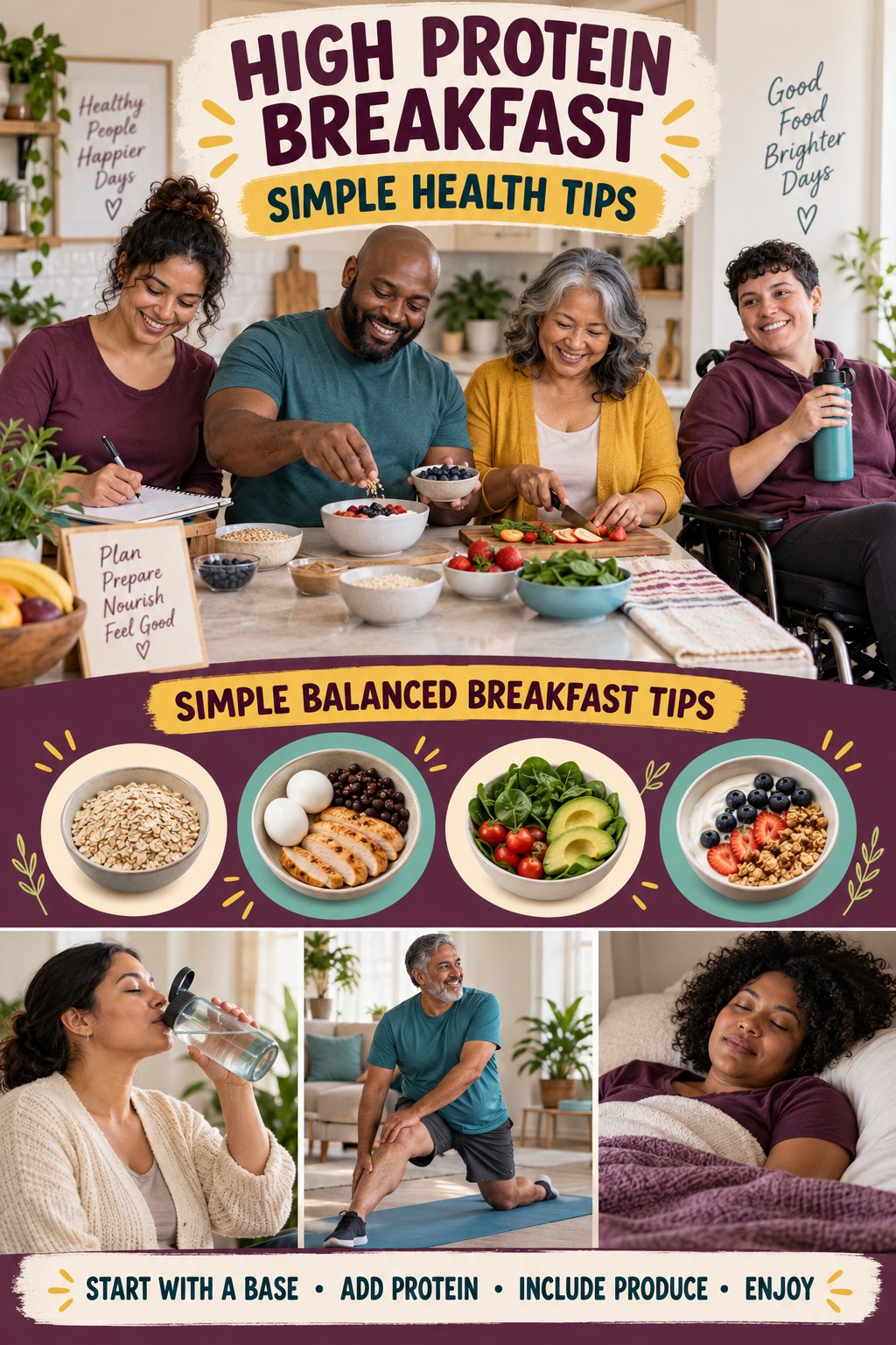 High Protein Breakfast simple-health graphic titled Simple Balanced Breakfast Tips with four practical wellness prompts.