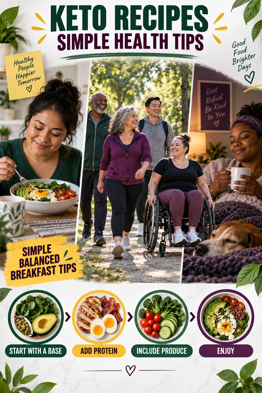 Keto Recipes simple-health graphic titled Simple Balanced Breakfast Tips with four practical wellness prompts.