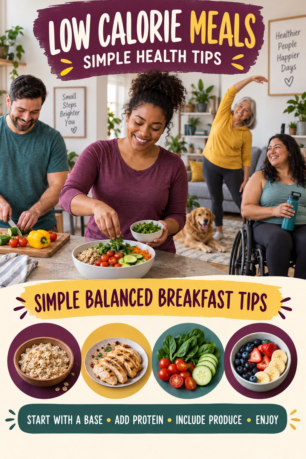 Low Calorie Meals simple-health graphic titled Simple Balanced Breakfast Tips with four practical wellness prompts.