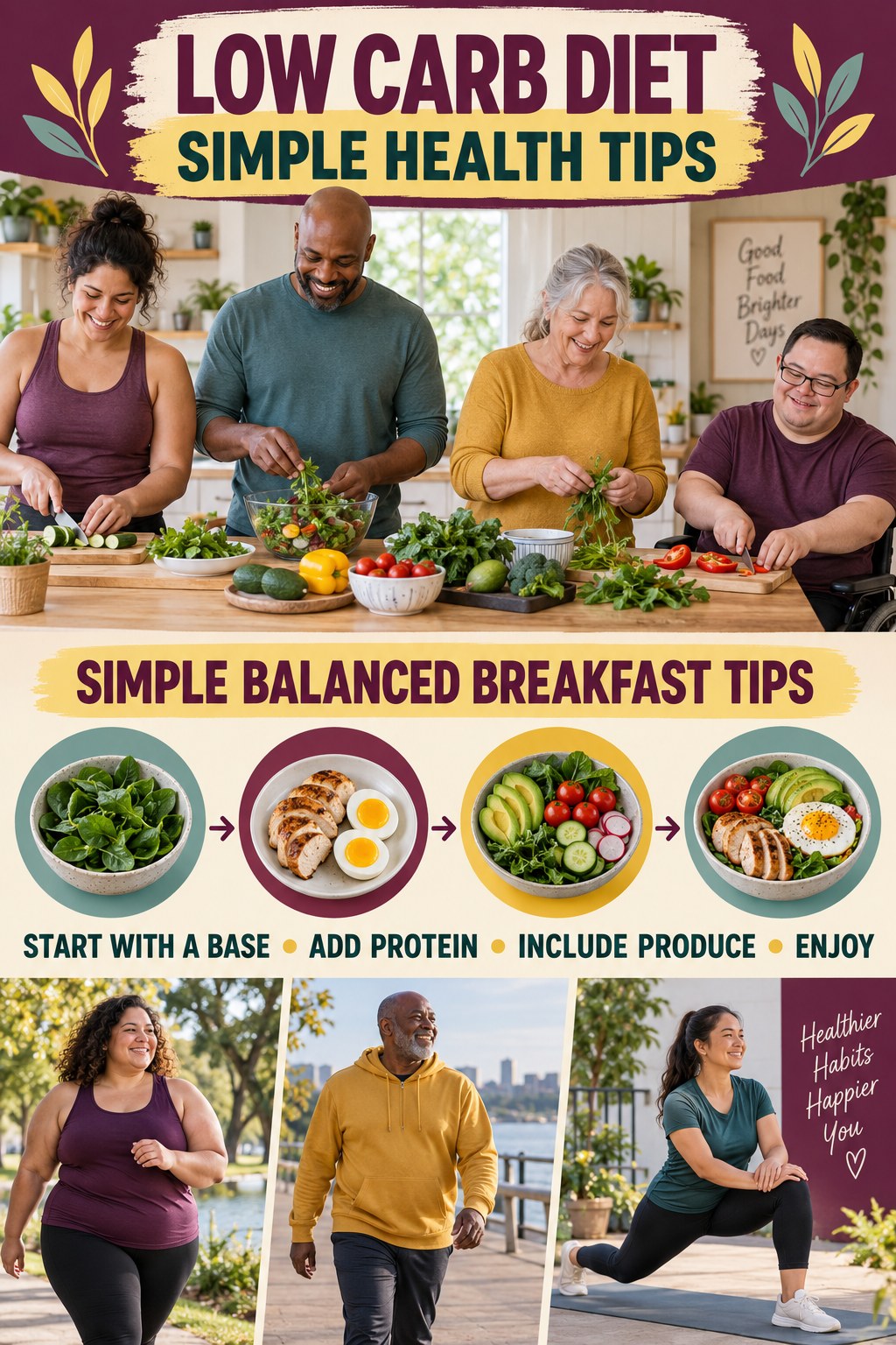 Low Carb Diet simple-health graphic titled Simple Balanced Breakfast Tips with four practical wellness prompts.