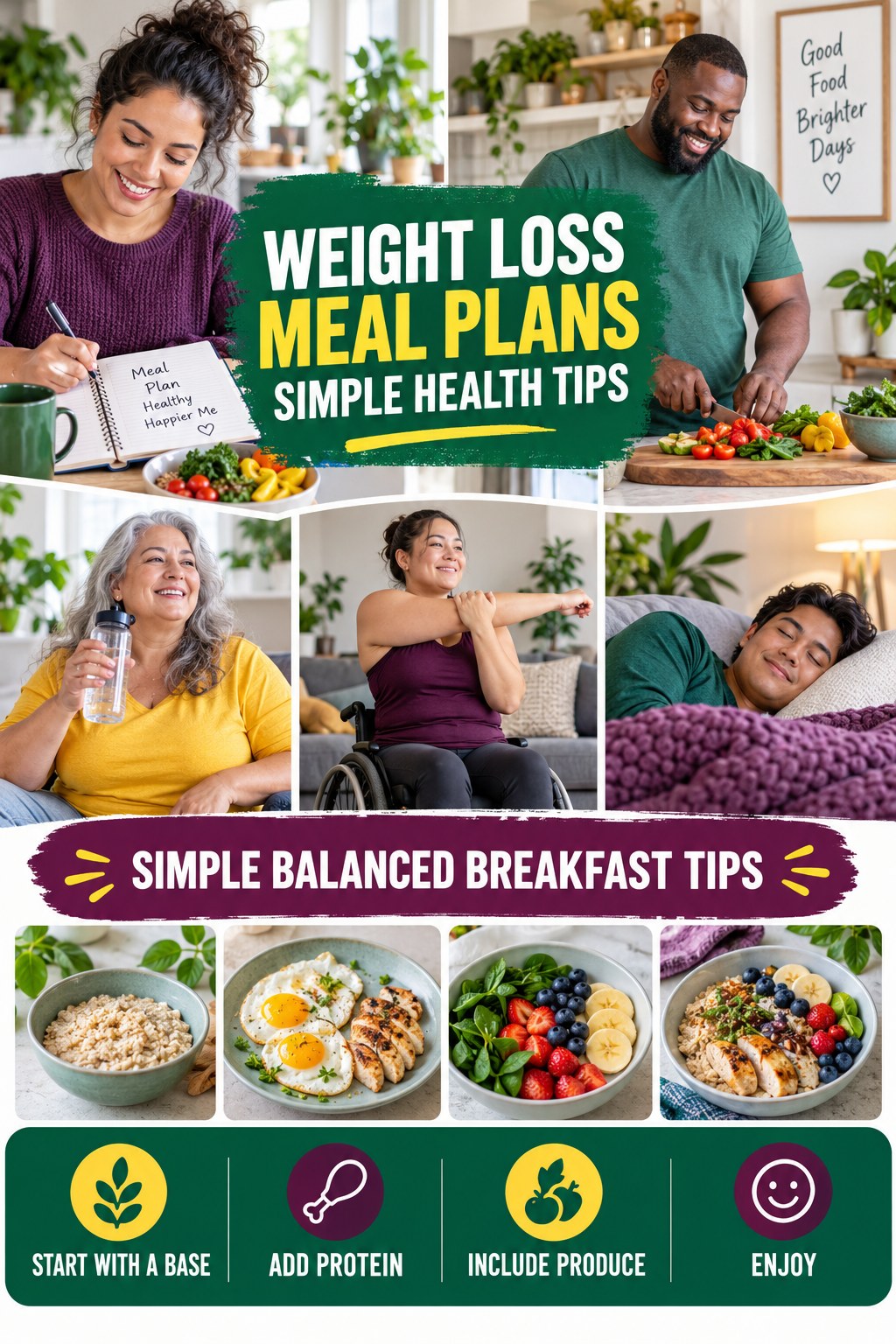 Weight Loss Meal Plans simple-health graphic titled Simple Balanced Breakfast Tips with four practical wellness prompts.