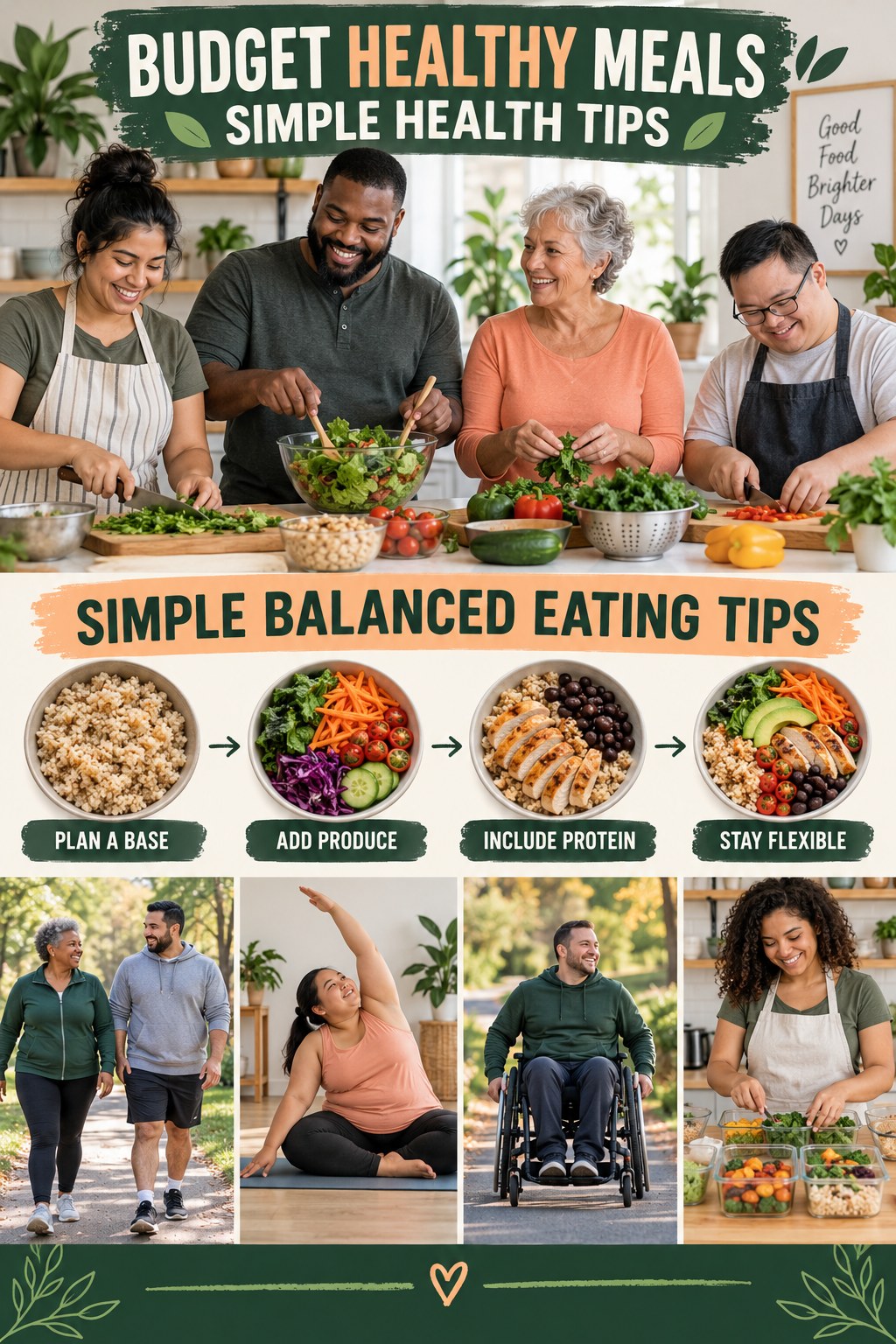 Budget Healthy Meals simple-health graphic titled Simple Balanced Eating Tips with four practical wellness prompts.