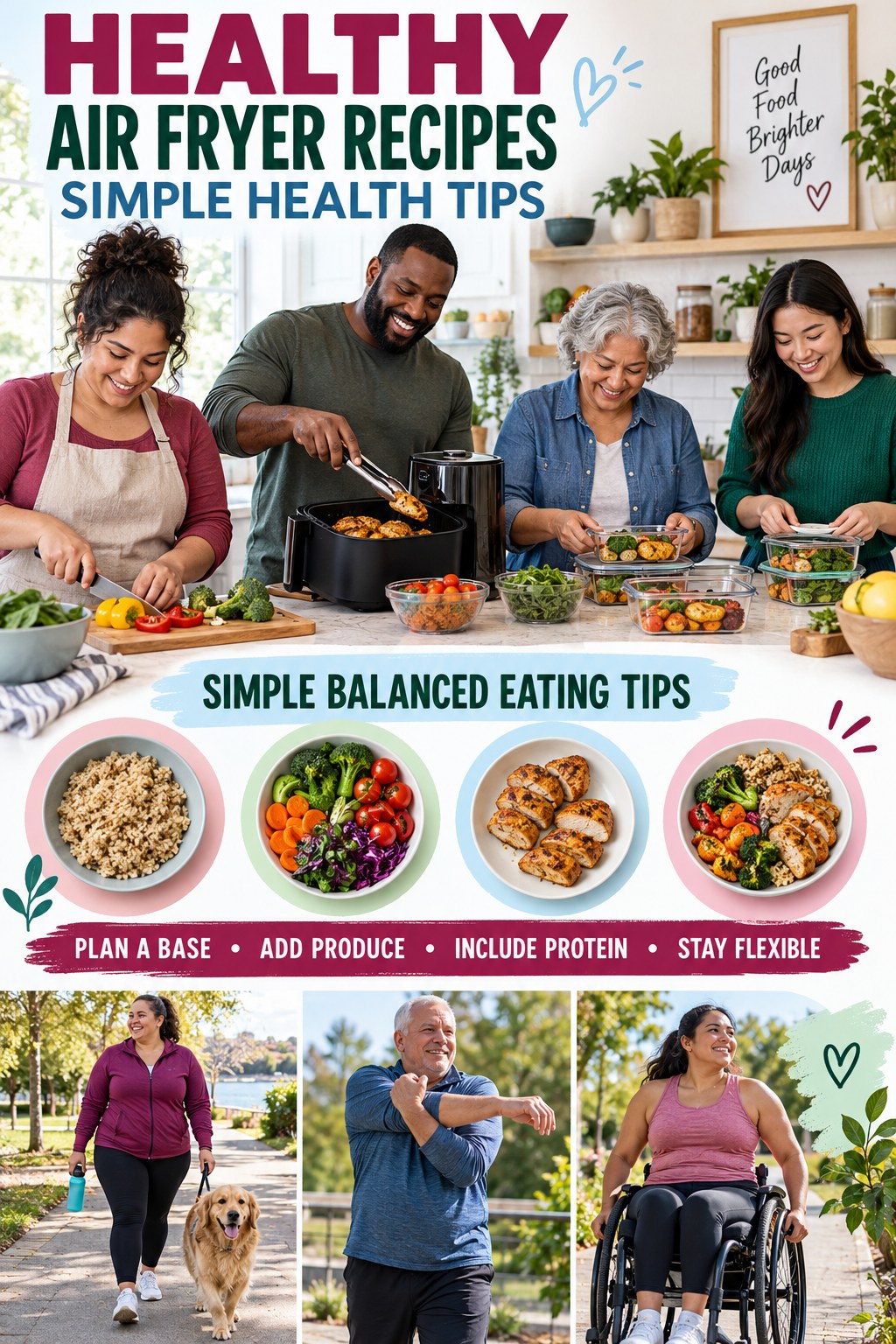Healthy Air Fryer Recipes simple-health graphic titled Simple Balanced Eating Tips with four practical wellness prompts.