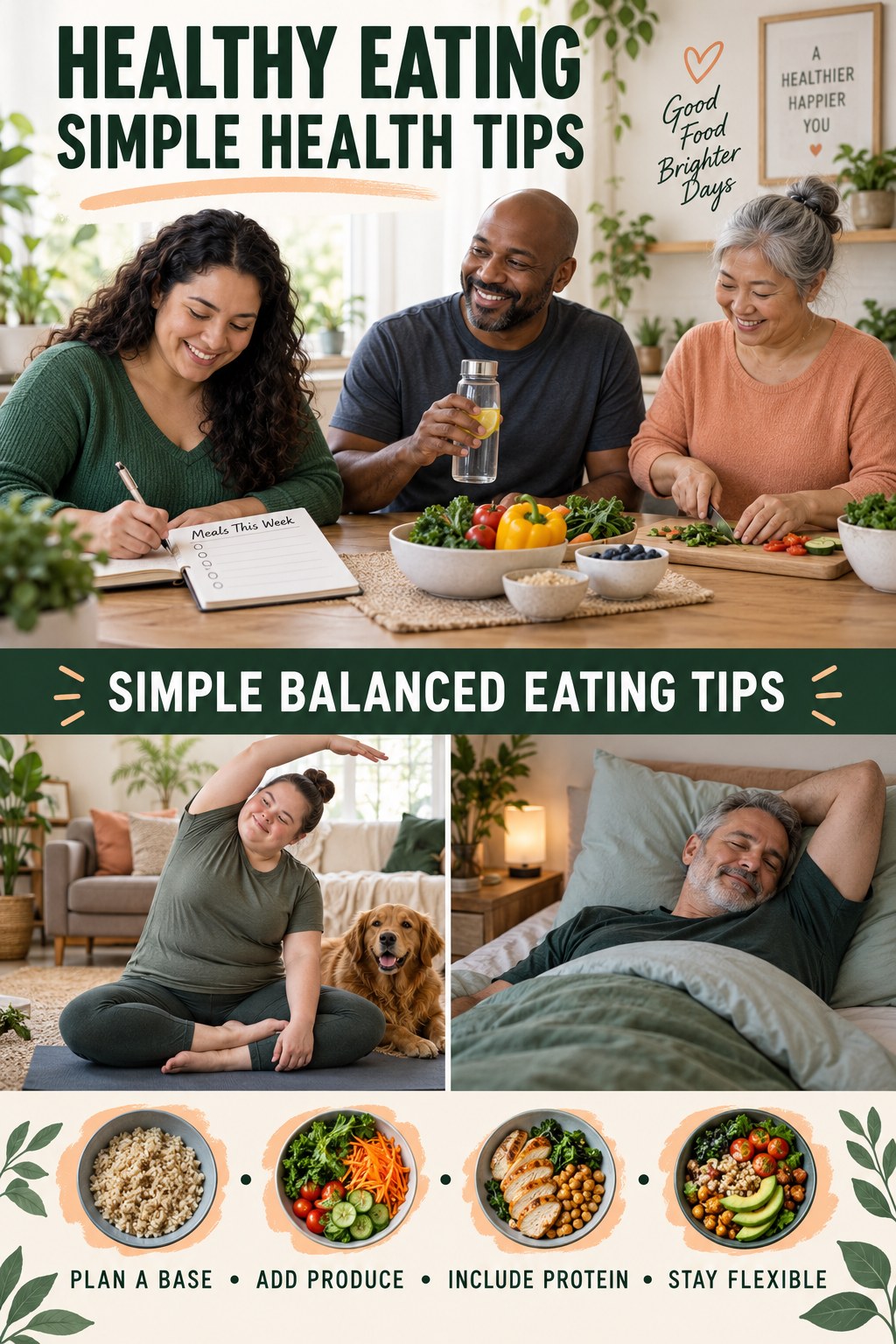 Healthy Eating simple-health graphic titled Simple Balanced Eating Tips with four practical wellness prompts.