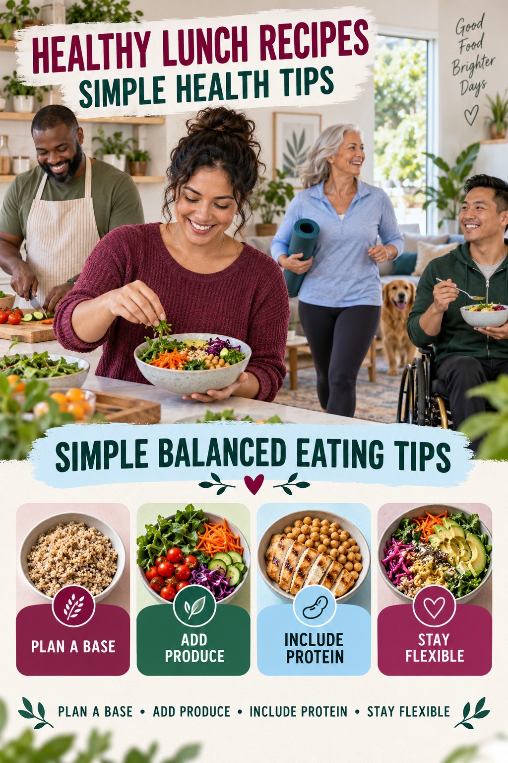 Healthy Lunch Recipes simple-health graphic titled Simple Balanced Eating Tips with four practical wellness prompts.