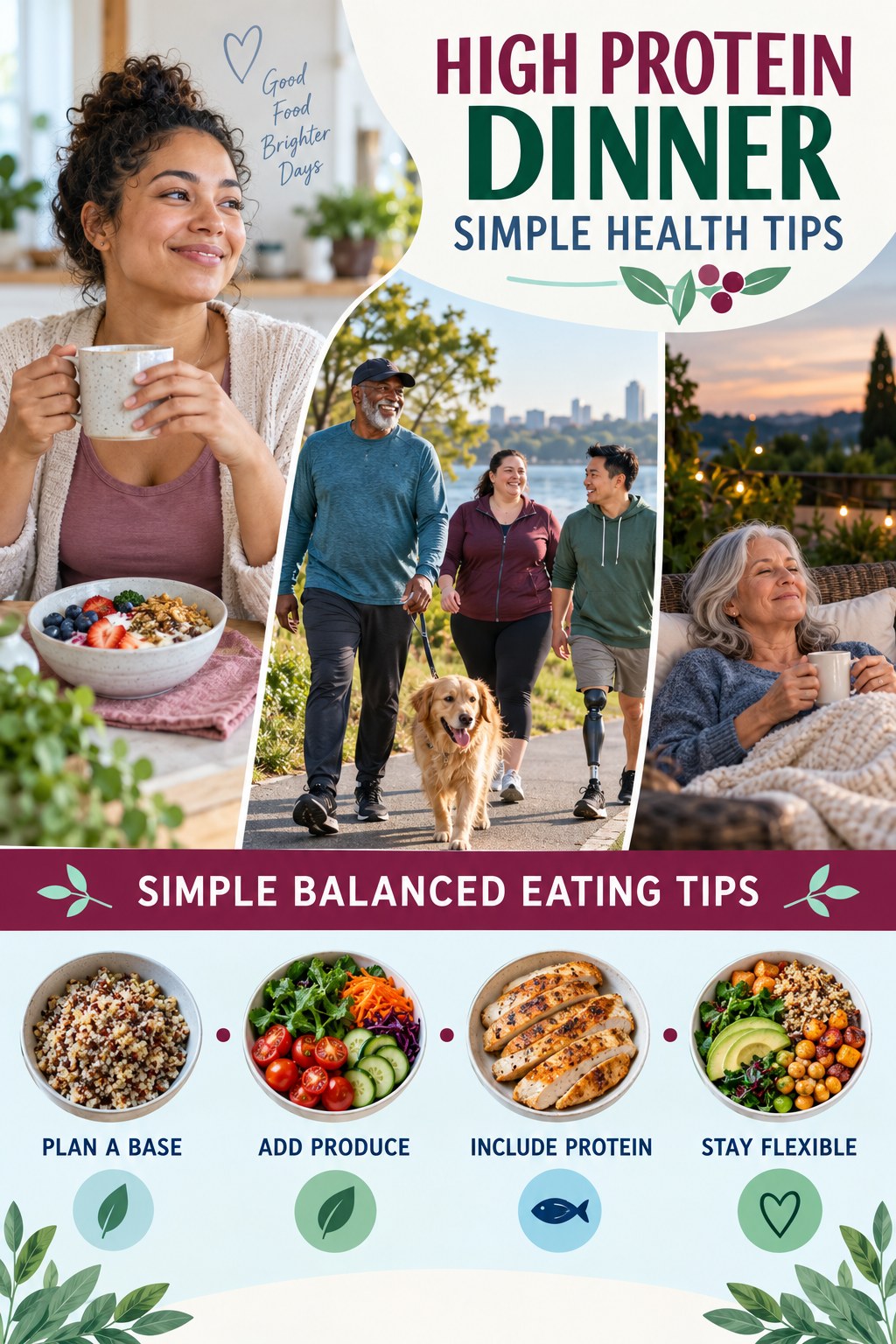 High Protein Dinner simple-health graphic titled Simple Balanced Eating Tips with four practical wellness prompts.