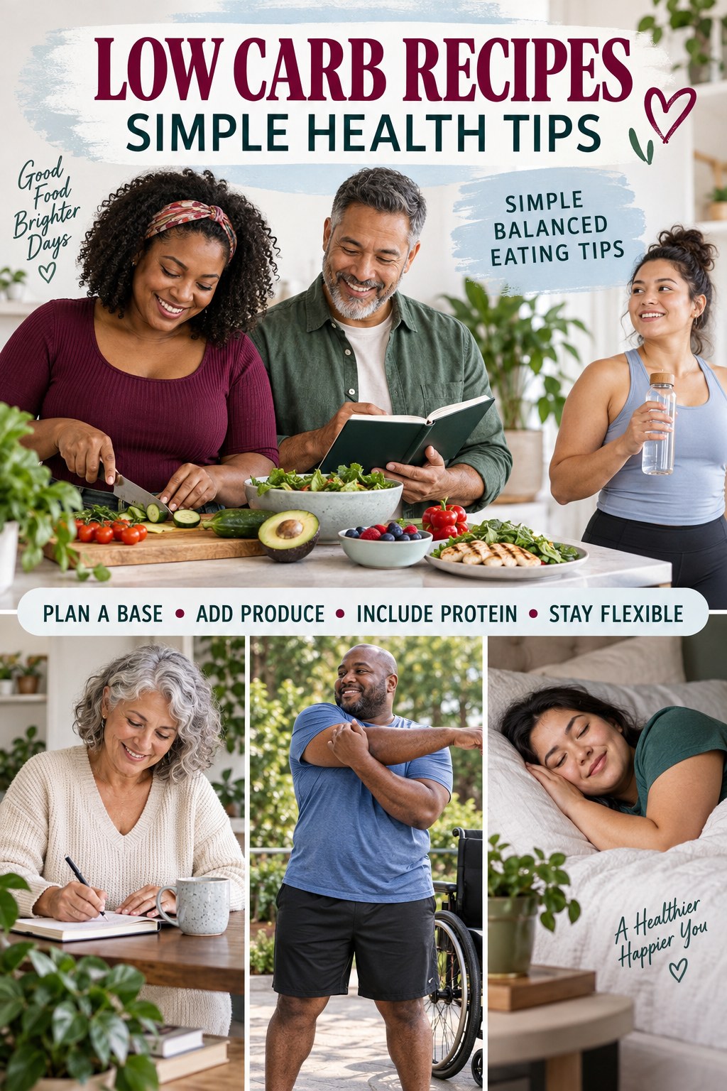 Low Carb Recipes simple-health graphic titled Simple Balanced Eating Tips with four practical wellness prompts.