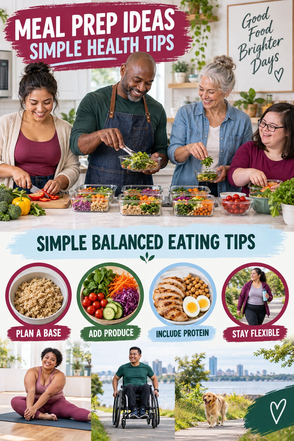 Meal Prep Ideas simple-health graphic titled Simple Balanced Eating Tips with four practical wellness prompts.