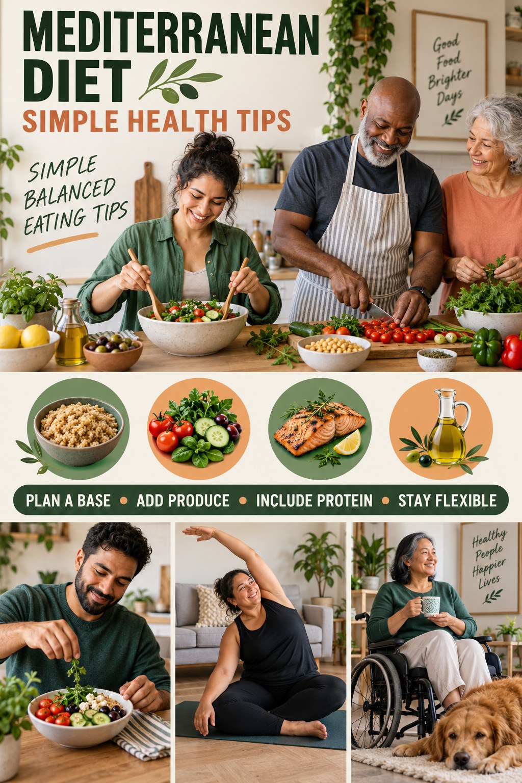 Mediterranean Diet simple-health graphic titled Simple Balanced Eating Tips with four practical wellness prompts.