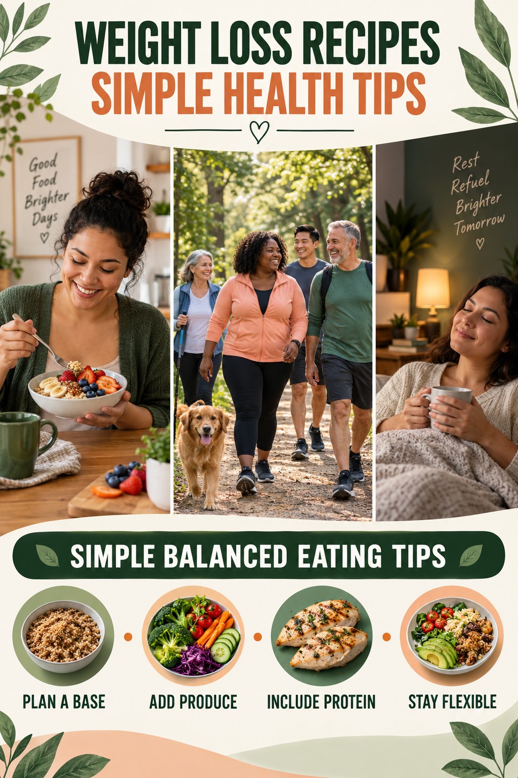 Weight Loss Recipes simple-health graphic titled Simple Balanced Eating Tips with four practical wellness prompts.