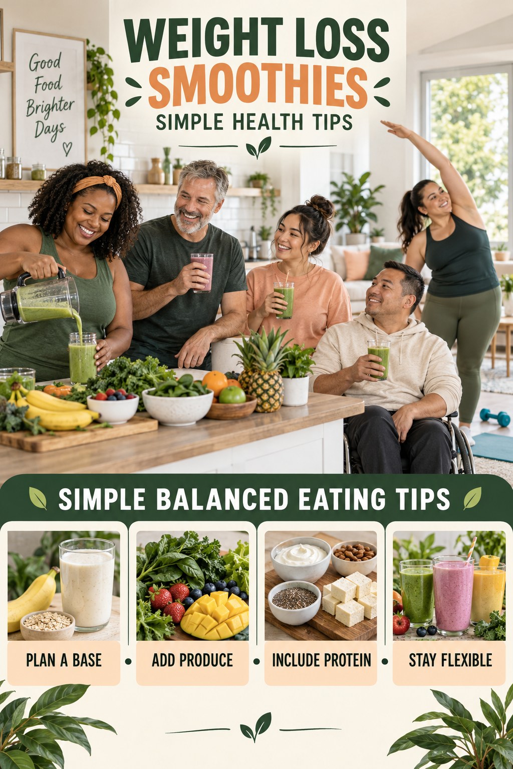 Weight Loss Smoothies simple-health graphic titled Simple Balanced Eating Tips with four practical wellness prompts.