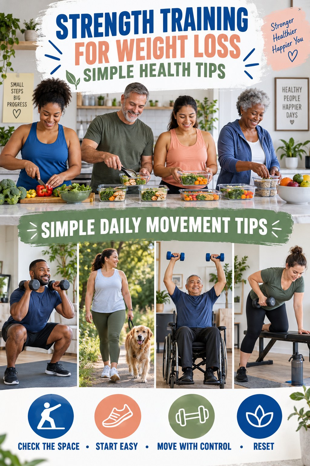 Strength Training for Weight Loss simple-health graphic titled Simple Daily Movement Tips with four practical wellness prompts.