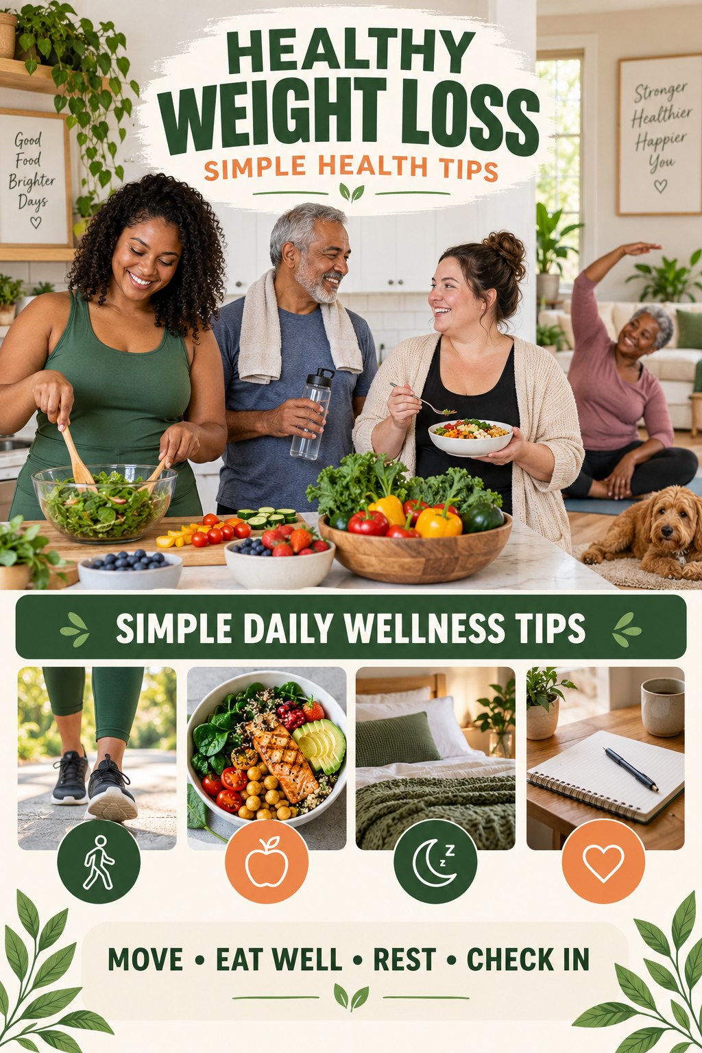 Healthy Weight Loss simple-health graphic titled Simple Daily Wellness Tips with four practical wellness prompts.