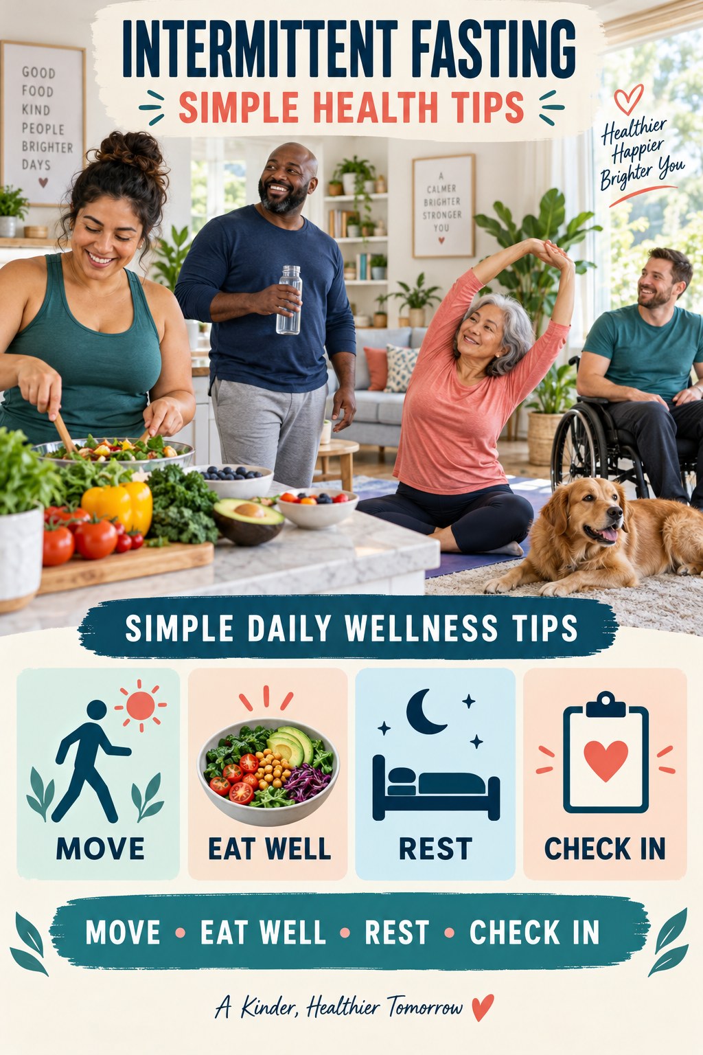 Intermittent Fasting simple-health graphic titled Simple Daily Wellness Tips with four practical wellness prompts.