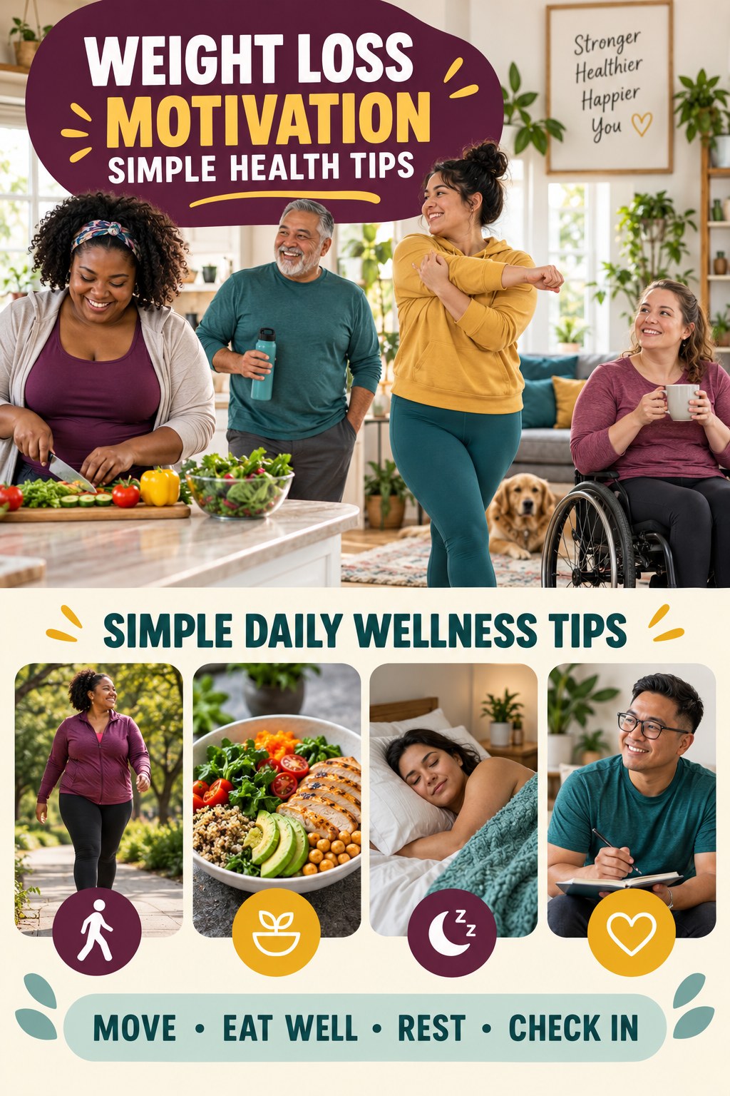 Weight Loss Motivation simple-health graphic titled Simple Daily Wellness Tips with four practical wellness prompts.