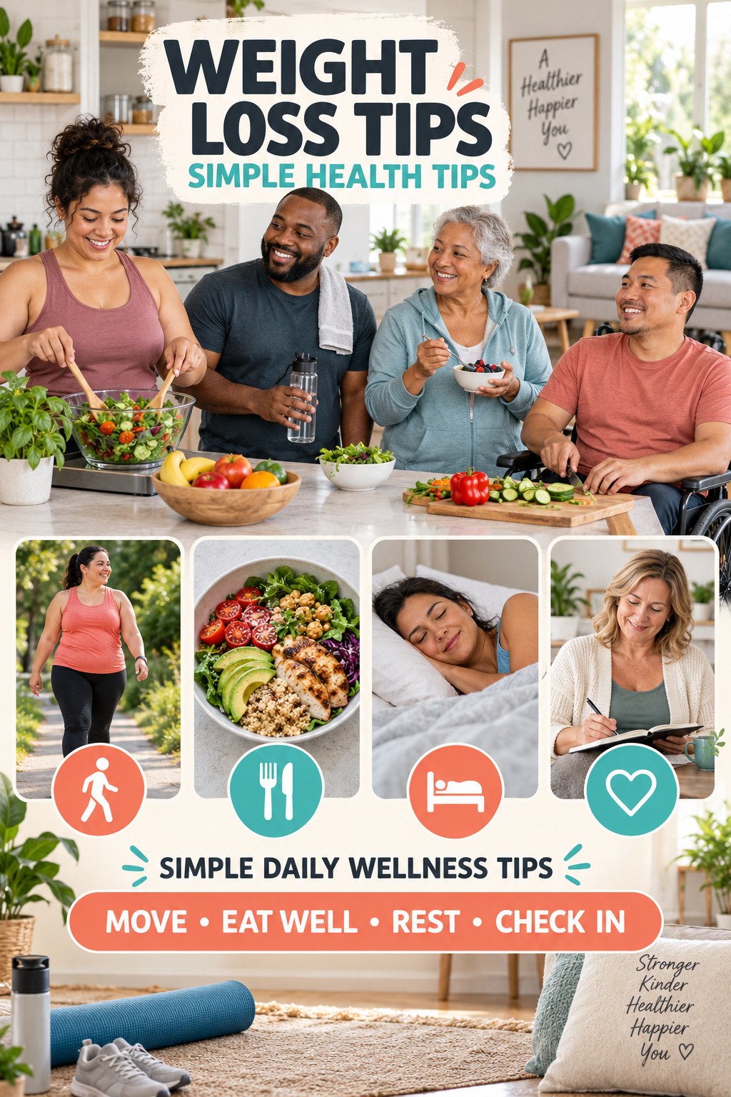 Weight Loss Tips simple-health graphic titled Simple Daily Wellness Tips with four practical wellness prompts.