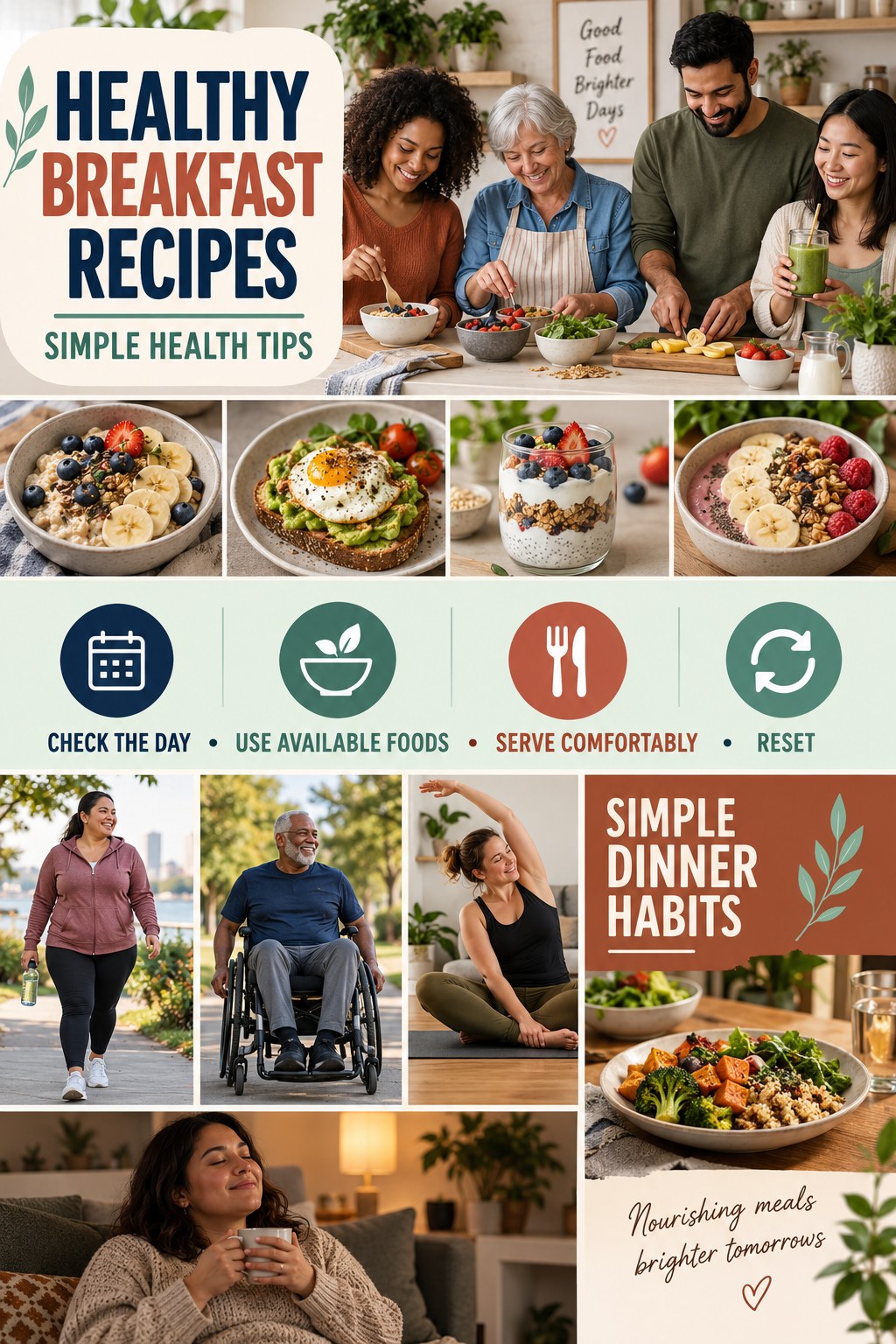 Healthy Breakfast Recipes simple-health graphic titled Simple Dinner Habits with four practical wellness prompts.