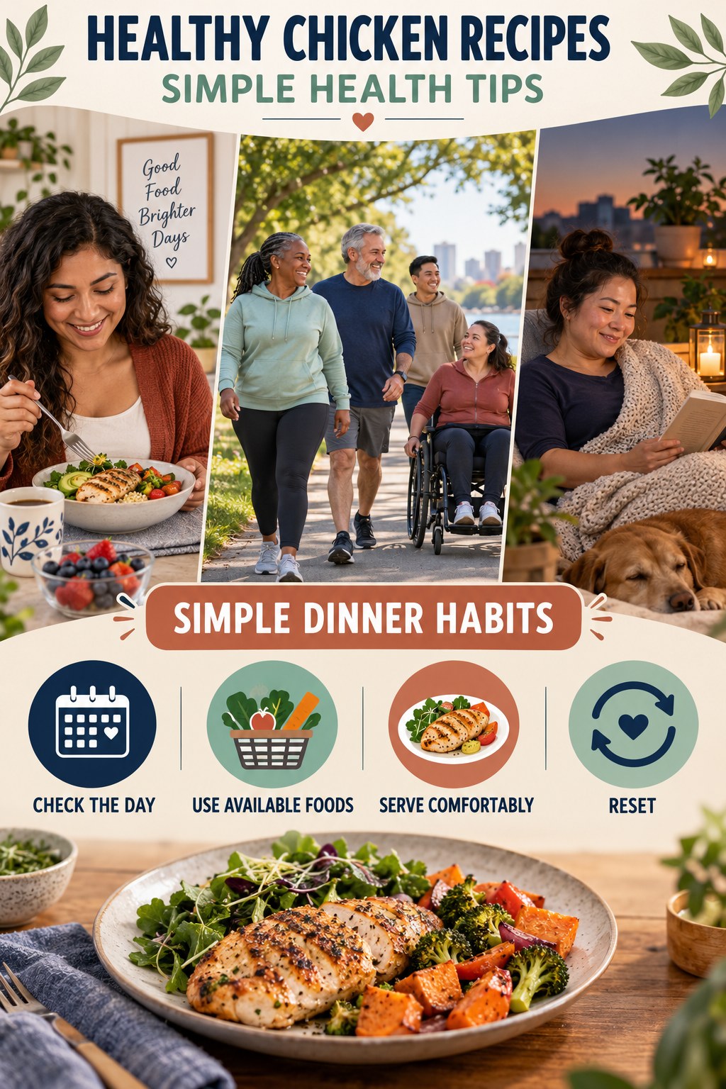 Healthy Chicken Recipes simple-health graphic titled Simple Dinner Habits with four practical wellness prompts.
