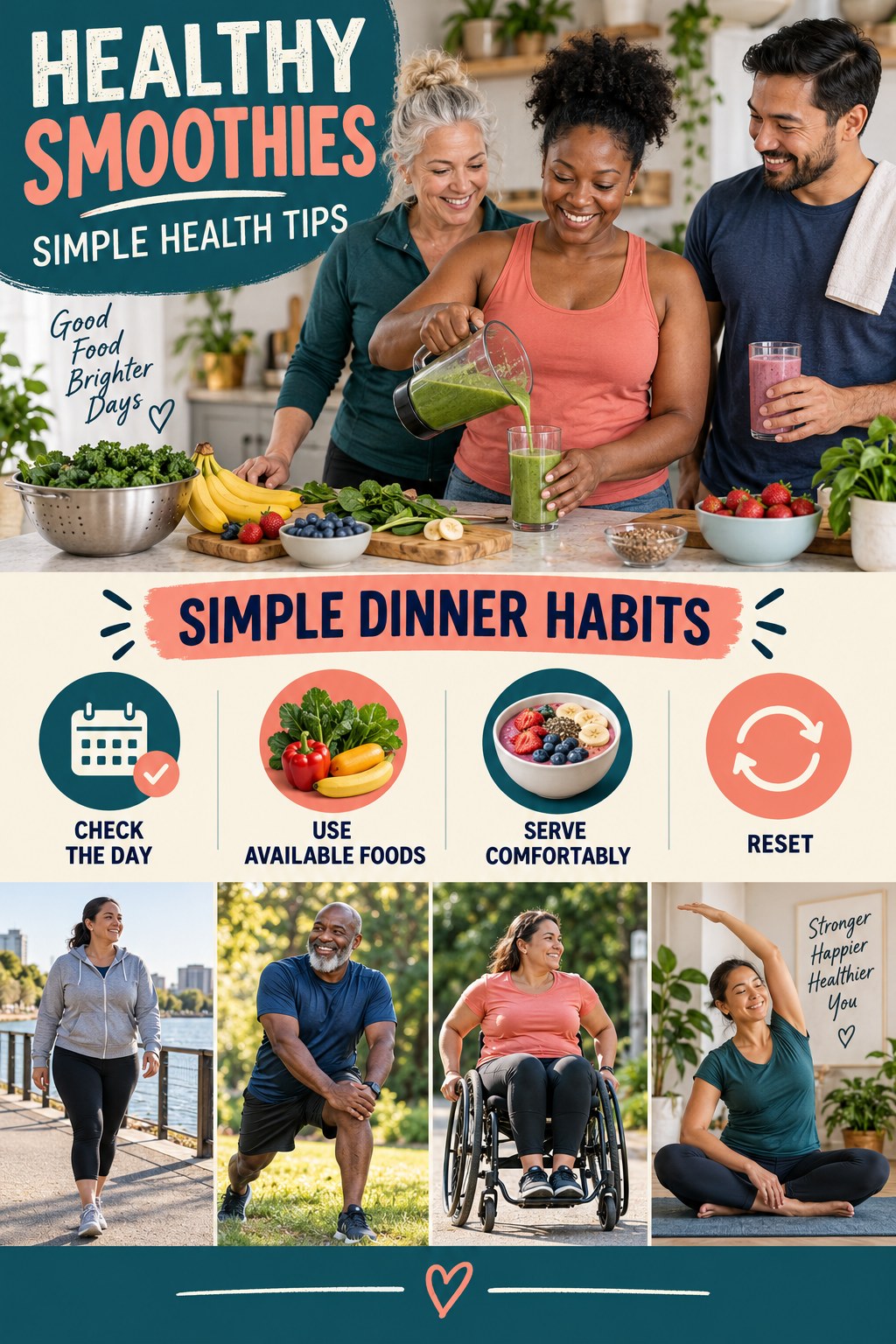 Healthy Smoothies simple-health graphic titled Simple Dinner Habits with four practical wellness prompts.