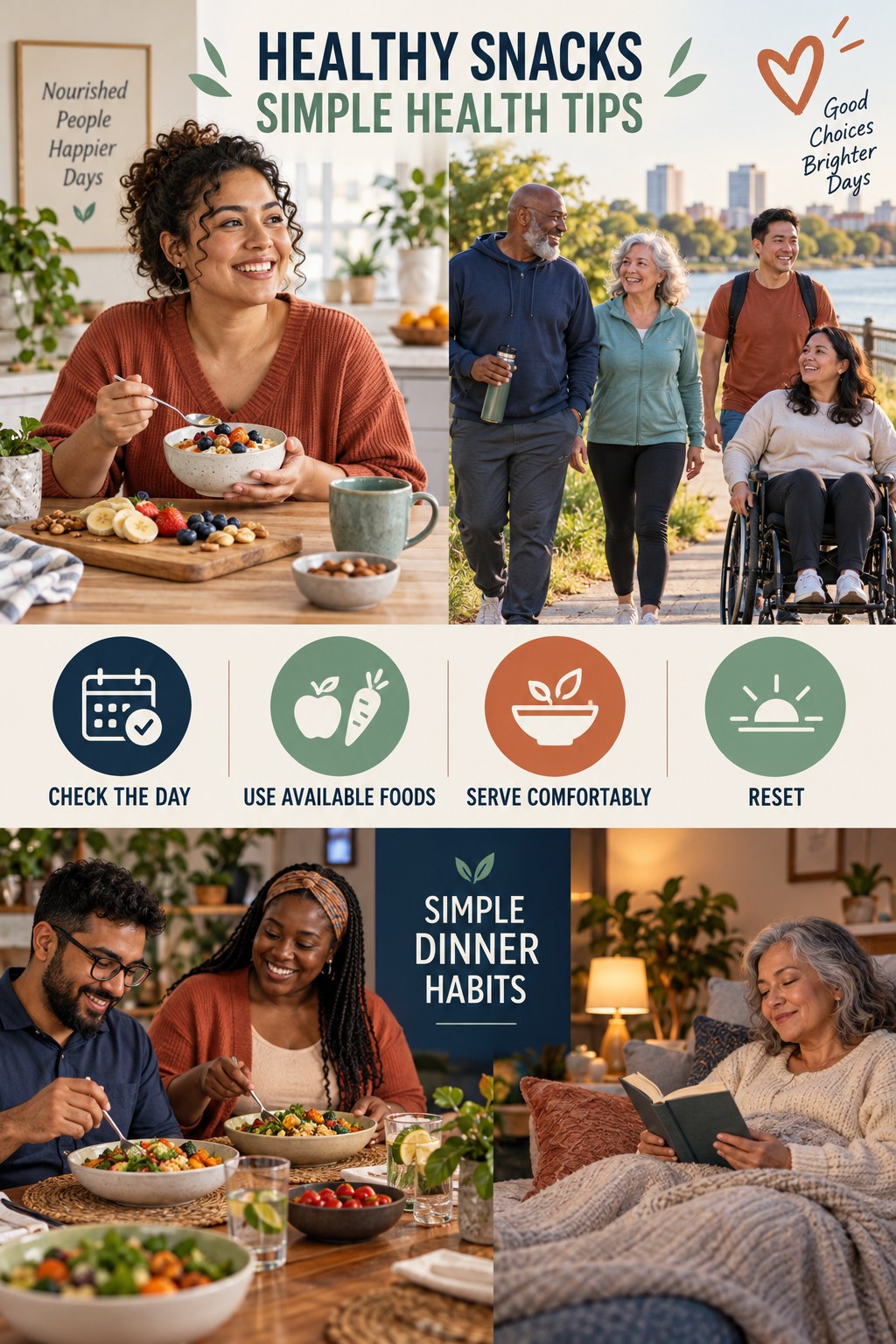 Healthy Snacks simple-health graphic titled Simple Dinner Habits with four practical wellness prompts.