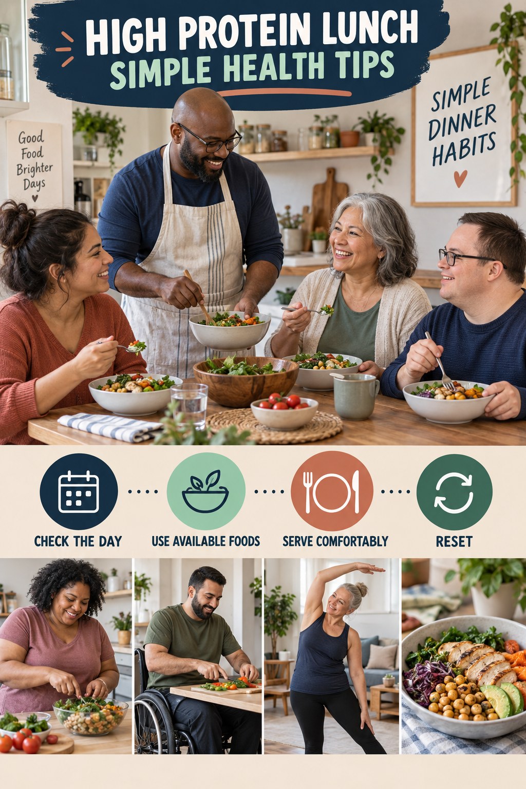 High Protein Lunch simple-health graphic titled Simple Dinner Habits with four practical wellness prompts.