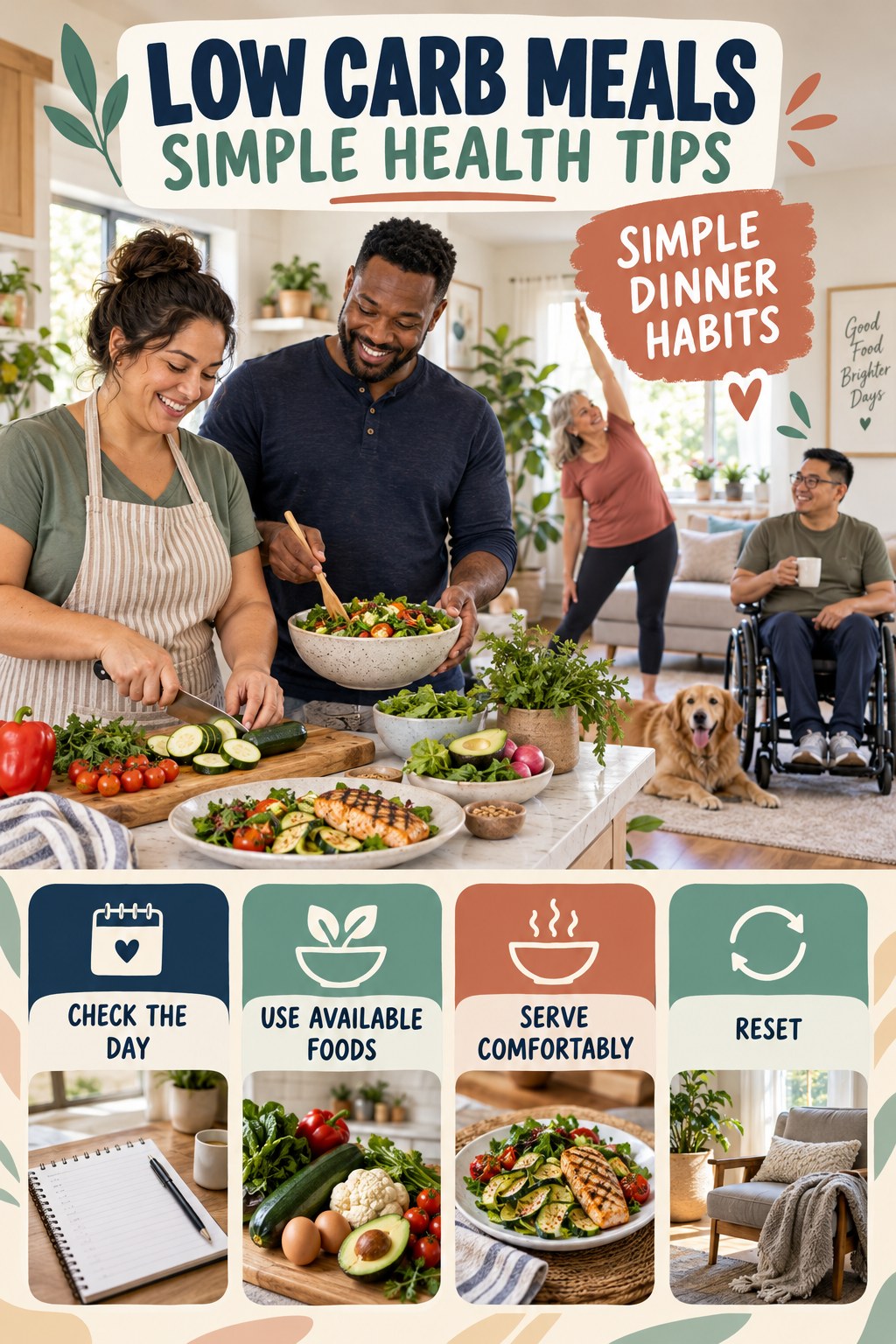 Low Carb Meals simple-health graphic titled Simple Dinner Habits with four practical wellness prompts.