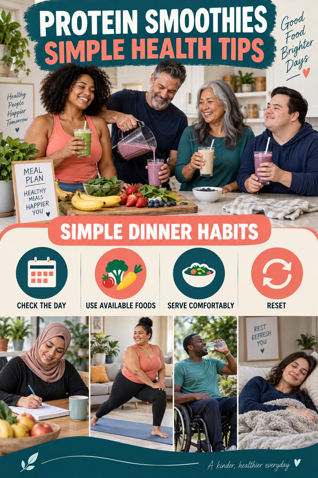 Protein Smoothies simple-health graphic titled Simple Dinner Habits with four practical wellness prompts.