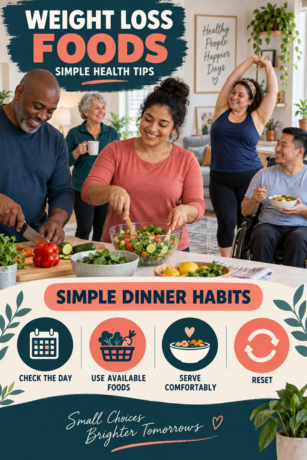 Weight Loss Foods simple-health graphic titled Simple Dinner Habits with four practical wellness prompts.