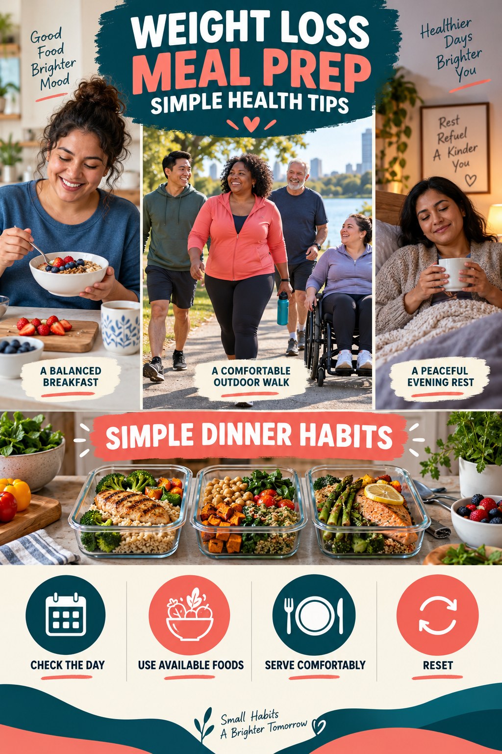 Weight Loss Meal Prep simple-health graphic titled Simple Dinner Habits with four practical wellness prompts.