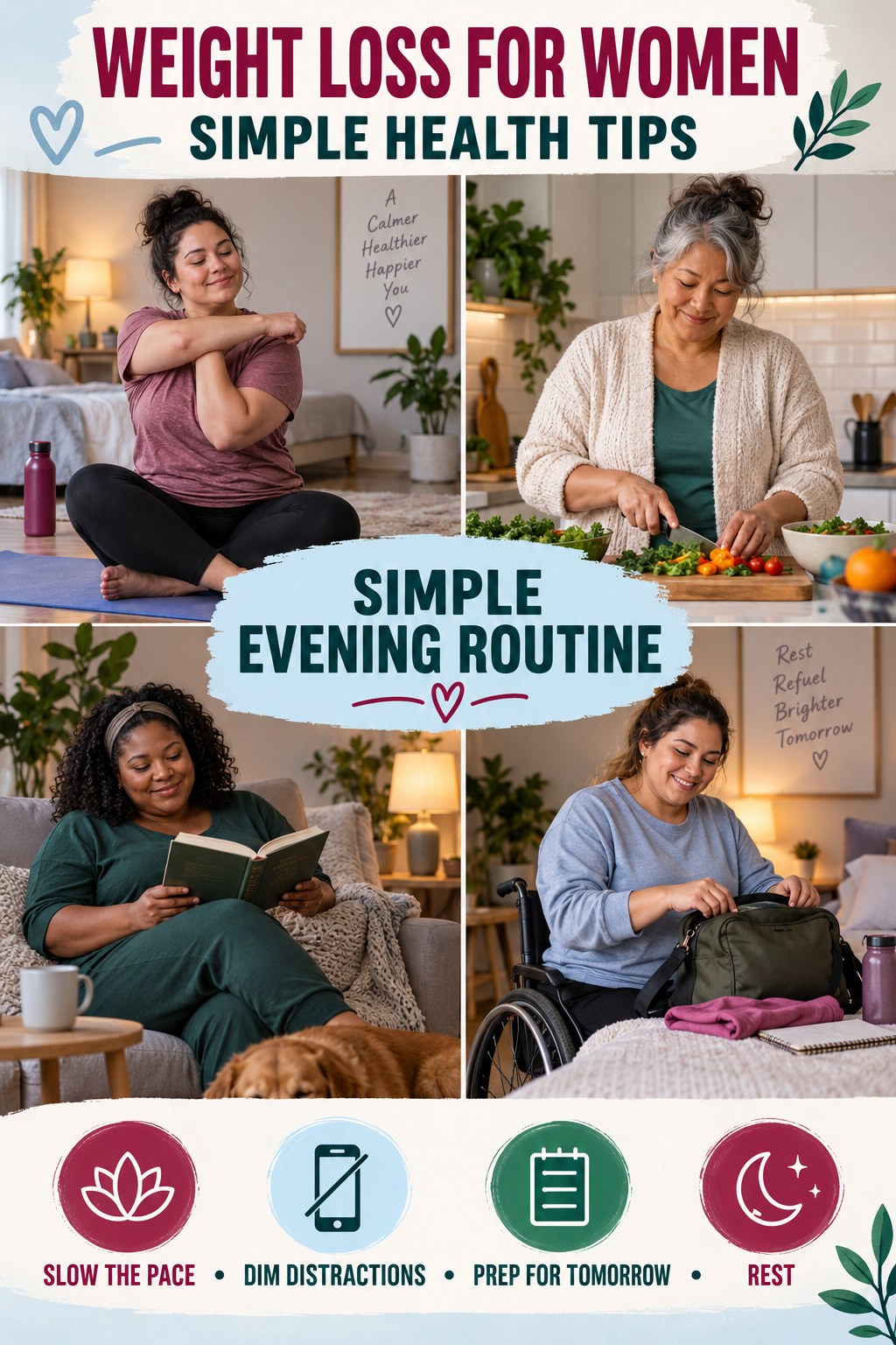 Weight Loss for Women simple-health graphic titled Simple Evening Routine with four practical wellness prompts.