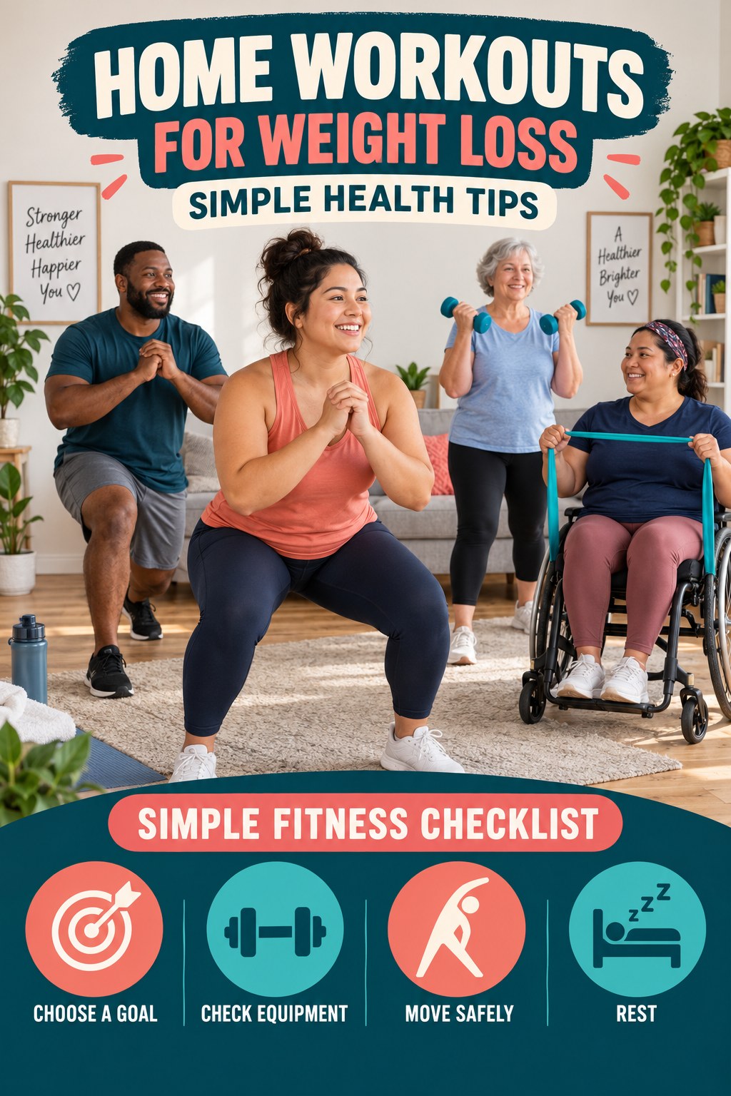 Home Workouts for Weight Loss simple-health graphic titled Simple Fitness Checklist with four practical wellness prompts.