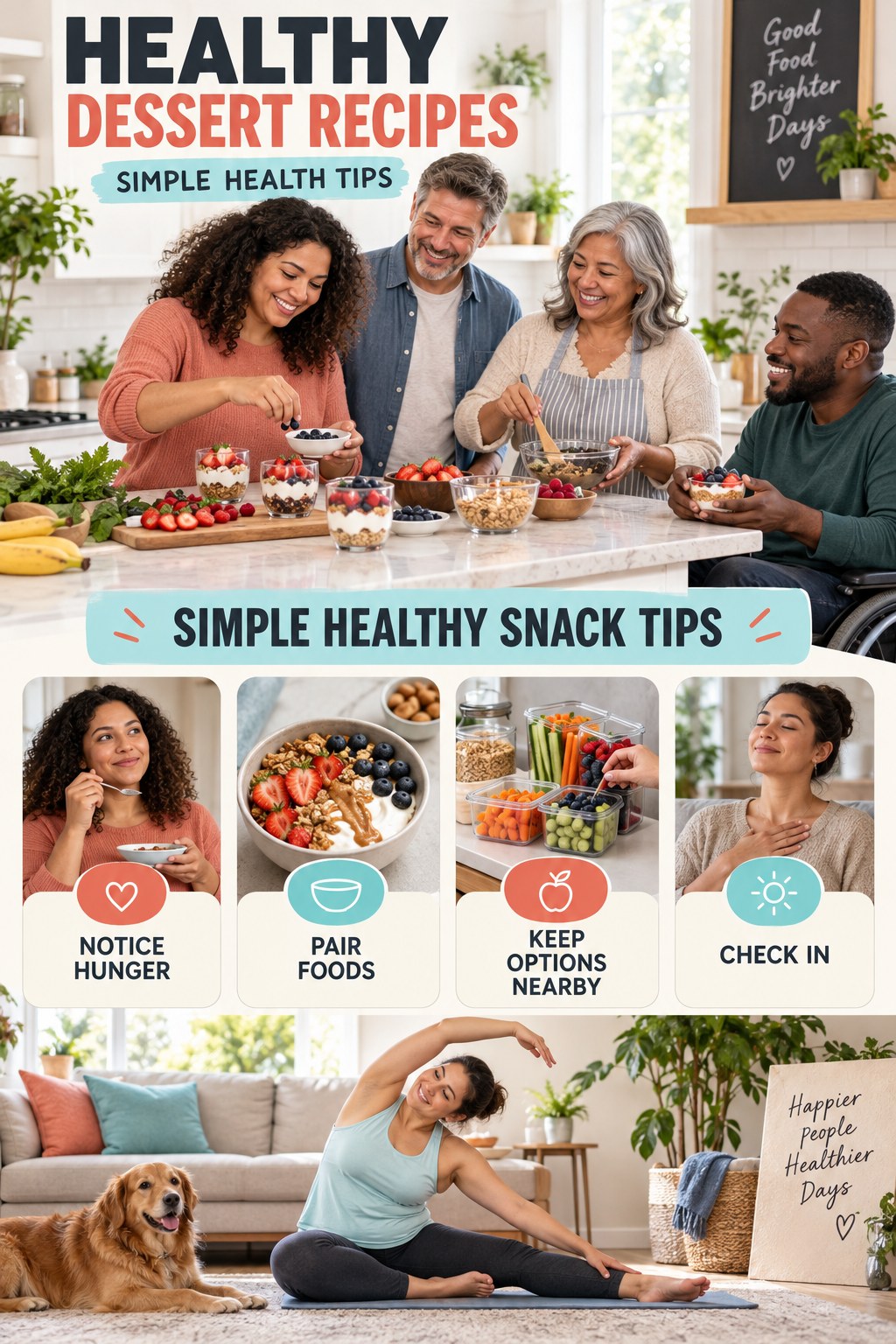 Healthy Dessert Recipes simple-health graphic titled Simple Healthy Snack Tips with four practical wellness prompts.