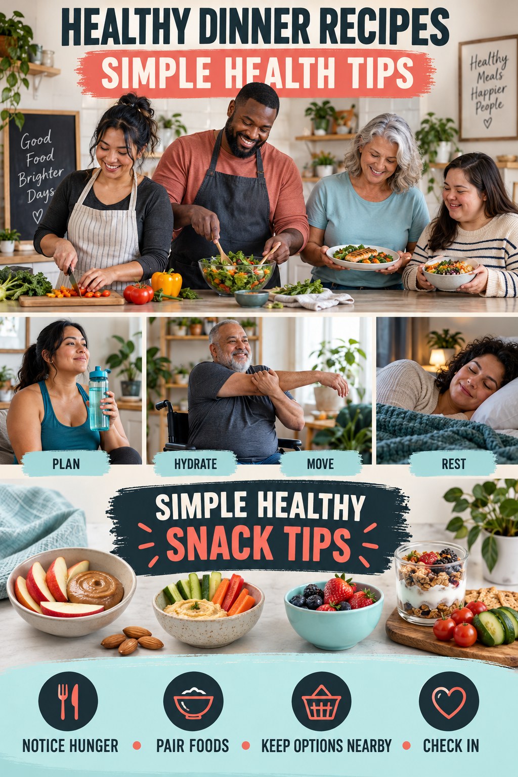 Healthy Dinner Recipes simple-health graphic titled Simple Healthy Snack Tips with four practical wellness prompts.