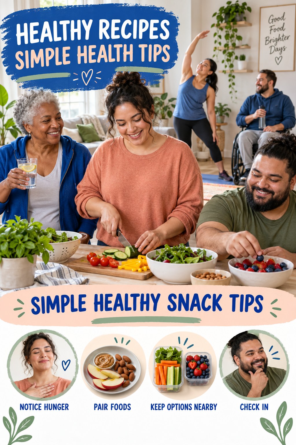 Healthy Recipes simple-health graphic titled Simple Healthy Snack Tips with four practical wellness prompts.
