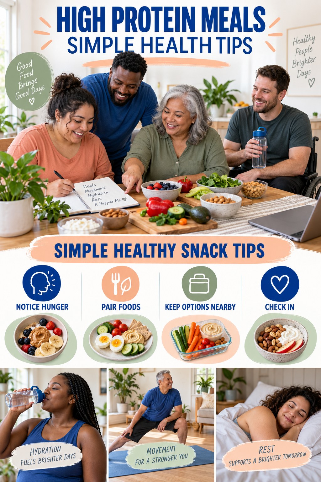 High Protein Meals simple-health graphic titled Simple Healthy Snack Tips with four practical wellness prompts.