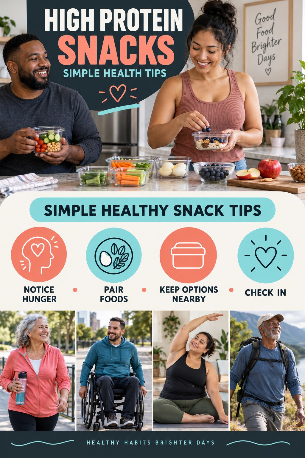 High Protein Snacks simple-health graphic titled Simple Healthy Snack Tips with four practical wellness prompts.