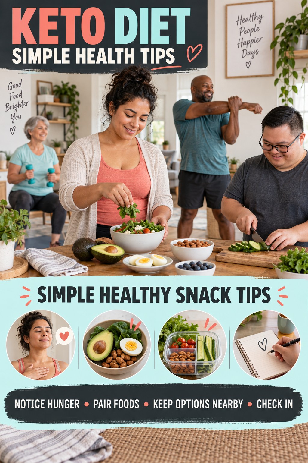 Keto Diet simple-health graphic titled Simple Healthy Snack Tips with four practical wellness prompts.