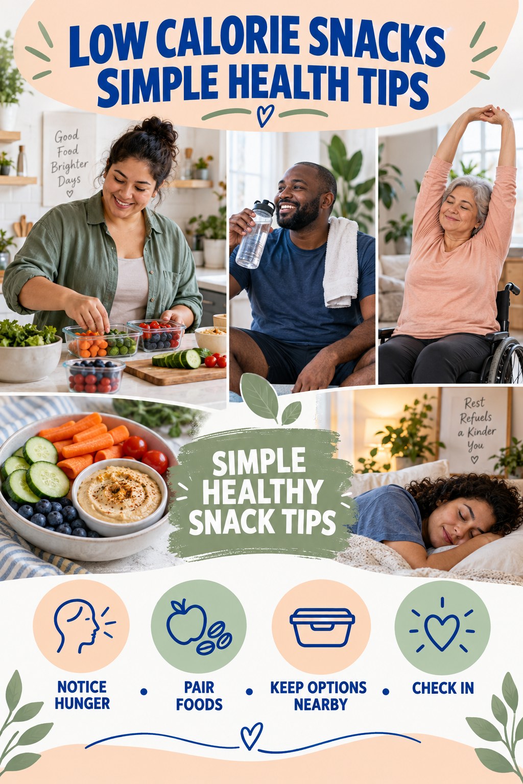 Low Calorie Snacks simple-health graphic titled Simple Healthy Snack Tips with four practical wellness prompts.
