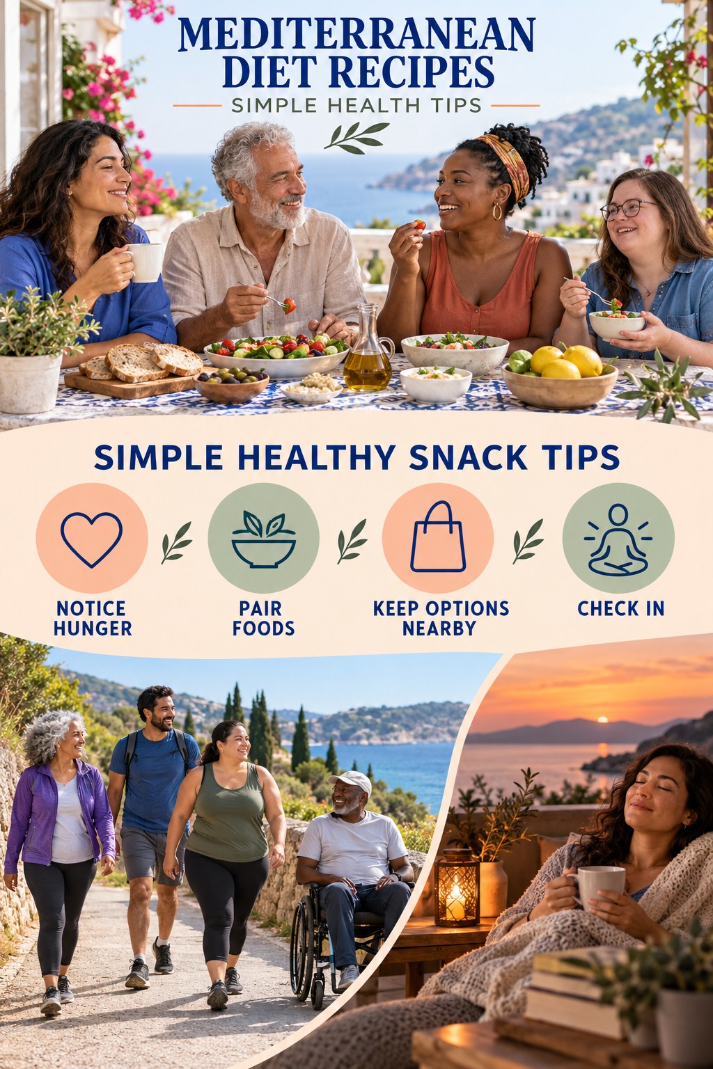 Mediterranean Diet Recipes simple-health graphic titled Simple Healthy Snack Tips with four practical wellness prompts.