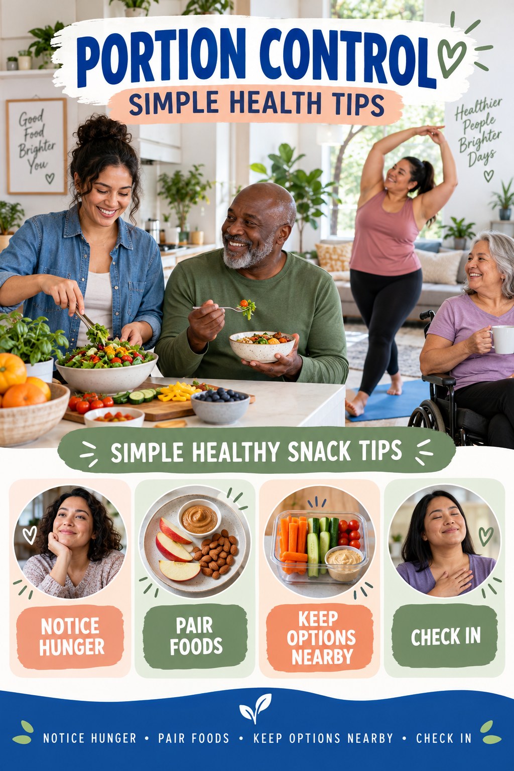 Portion Control simple-health graphic titled Simple Healthy Snack Tips with four practical wellness prompts.