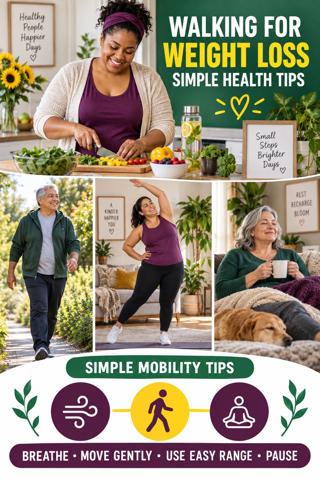 Walking for Weight Loss simple-health graphic titled Simple Mobility Tips with four practical wellness prompts.