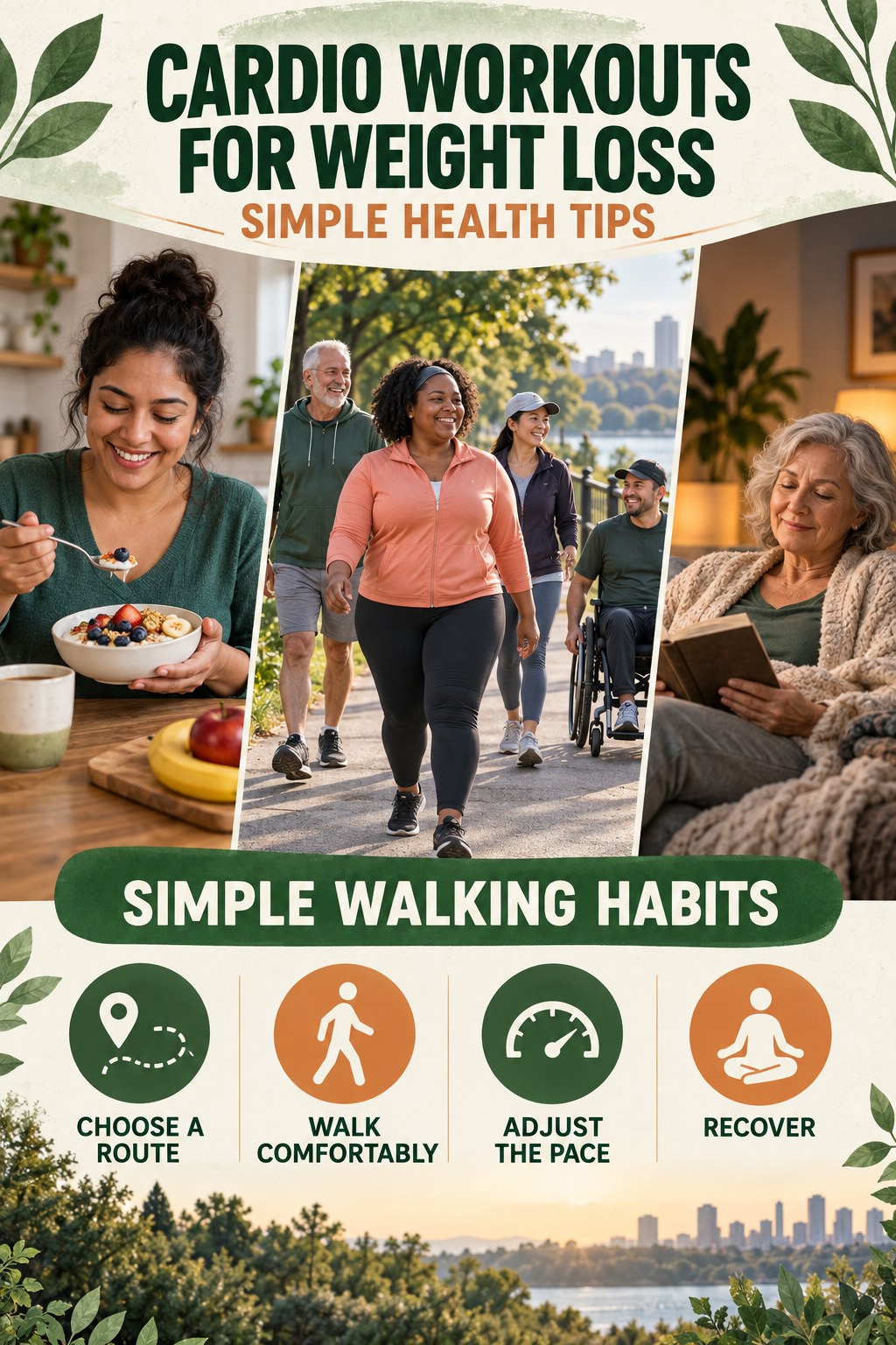 Cardio Workouts for Weight Loss simple-health graphic titled Simple Walking Habits with four practical wellness prompts.