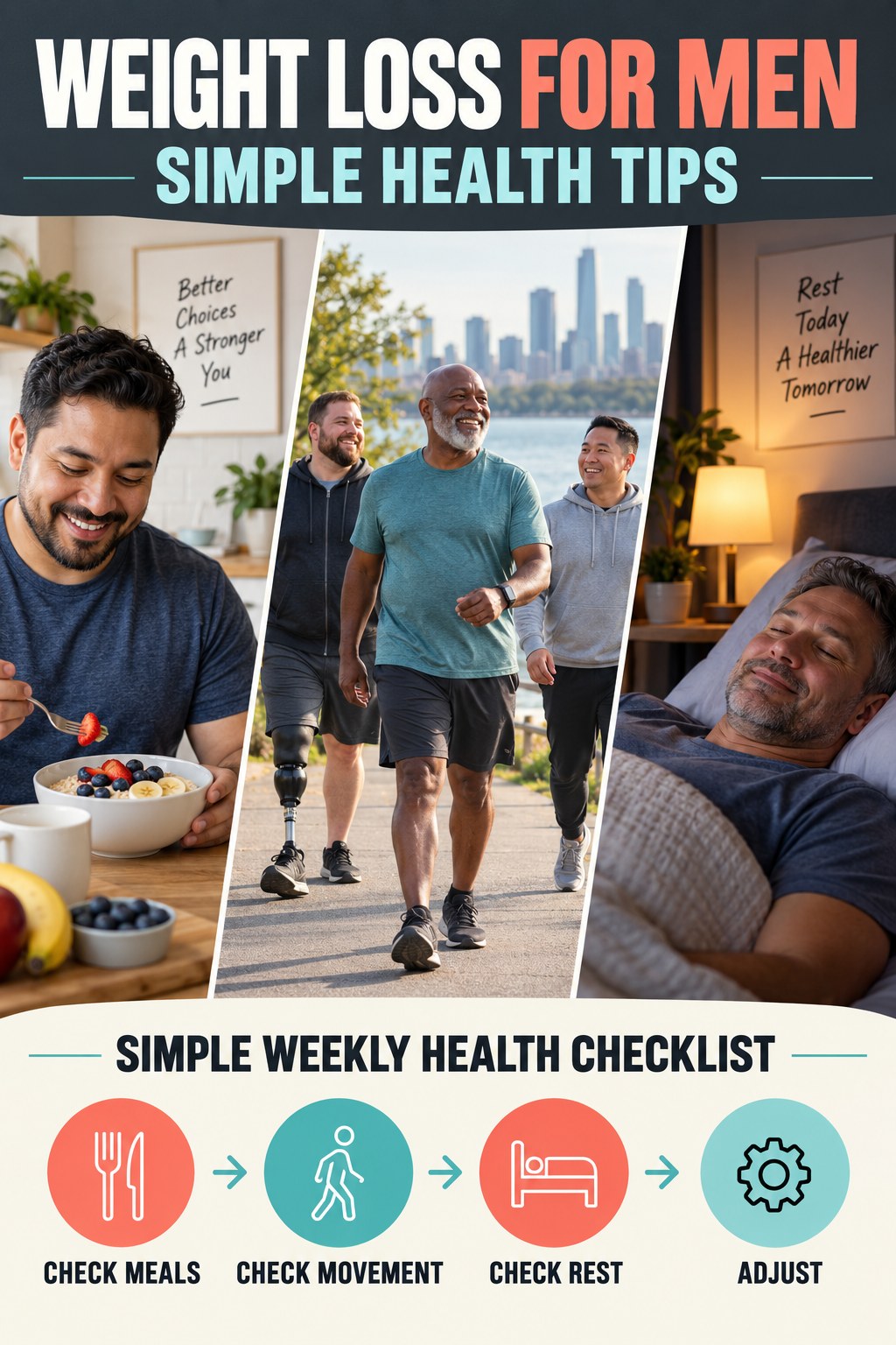 Weight Loss for Men simple-health graphic titled Simple Weekly Health Checklist with four practical wellness prompts.