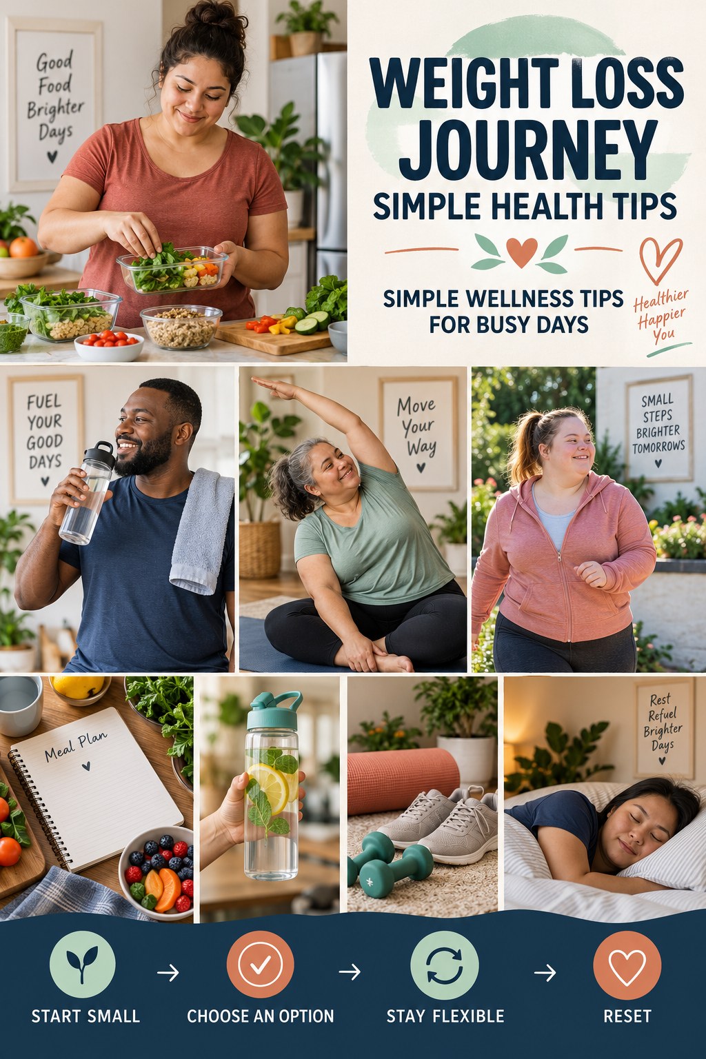 Weight Loss Journey simple-health graphic titled Simple Wellness Tips for Busy Days with four practical wellness prompts.