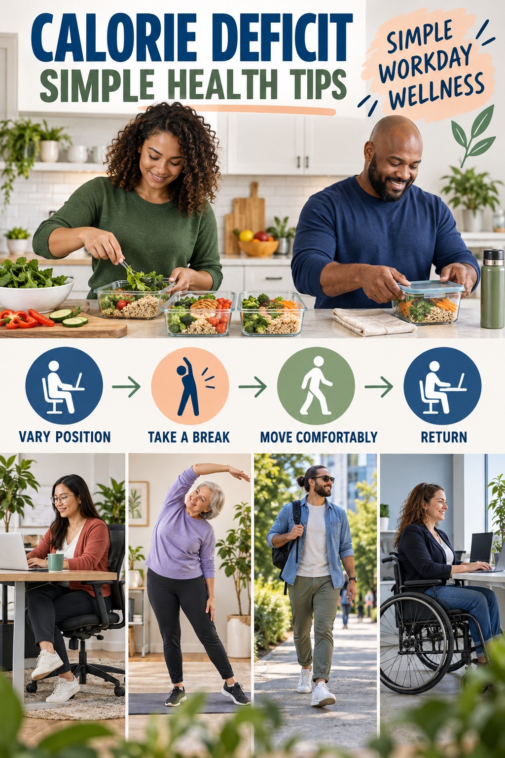 Calorie Deficit simple-health graphic titled Simple Workday Wellness with four practical wellness prompts.