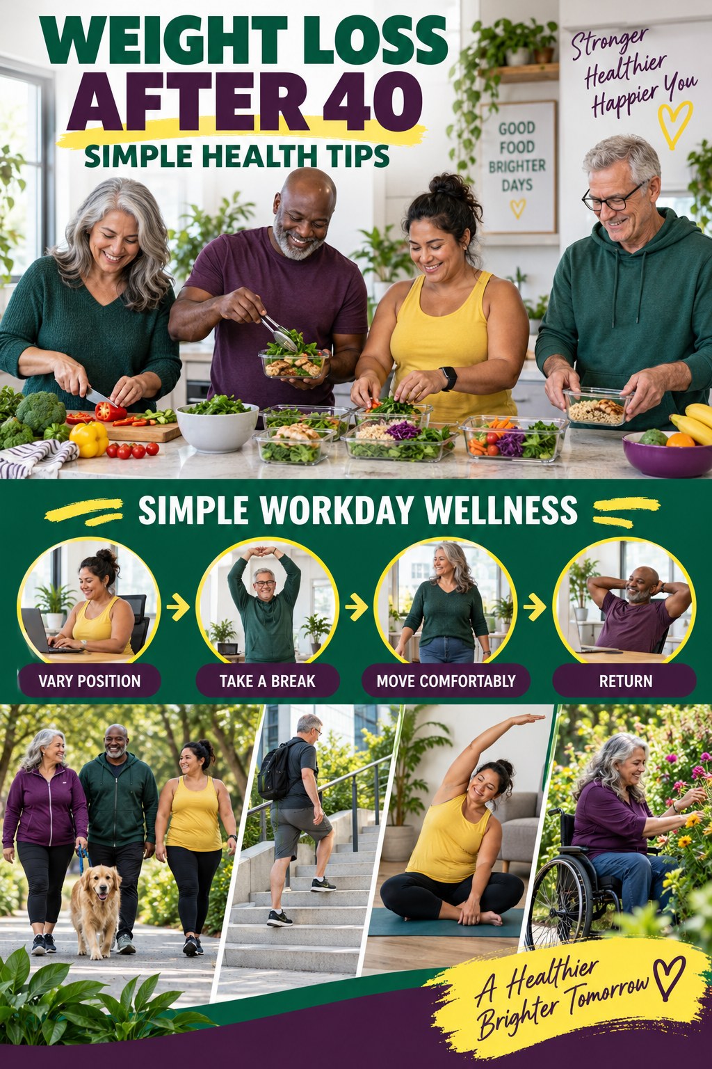 Weight Loss After 40 simple-health graphic titled Simple Workday Wellness with four practical wellness prompts.