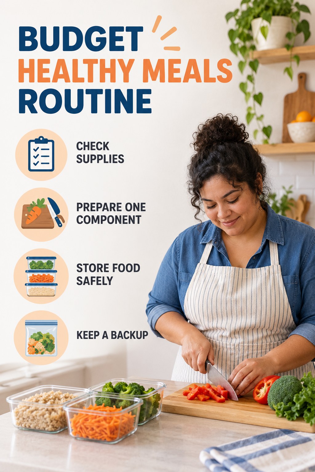 Simple Meal Preparation for Budget Healthy Meals with four concise practical actions in a clean minimal health design.
