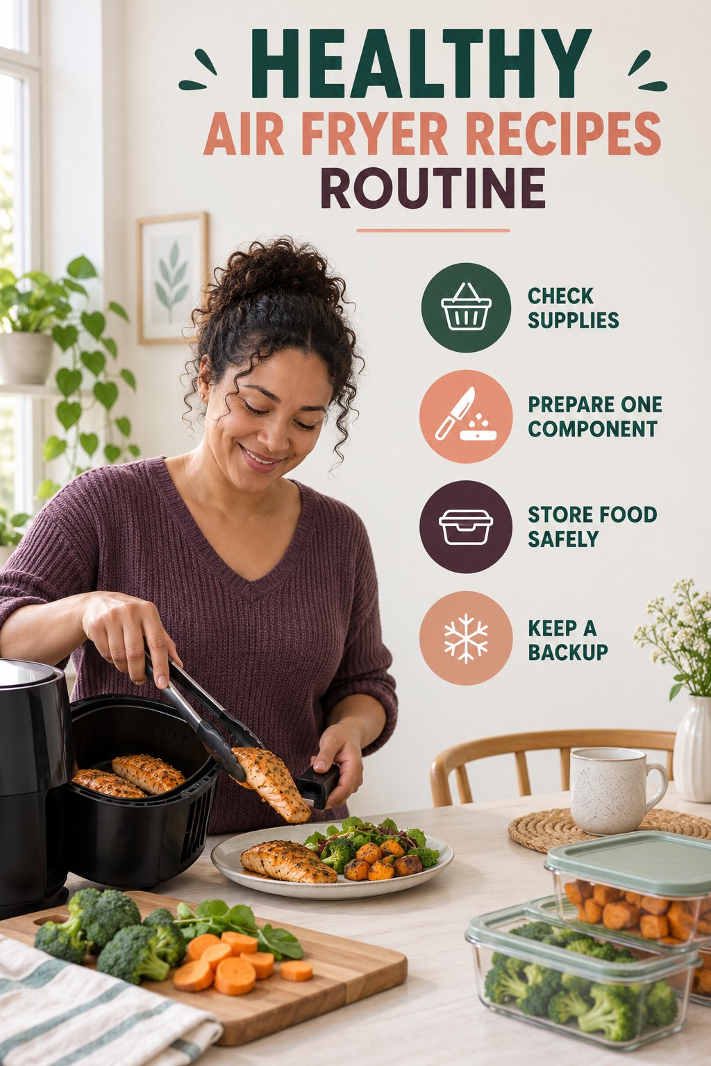 Simple Meal Preparation for Healthy Air Fryer Recipes with four concise practical actions in a clean minimal health design.