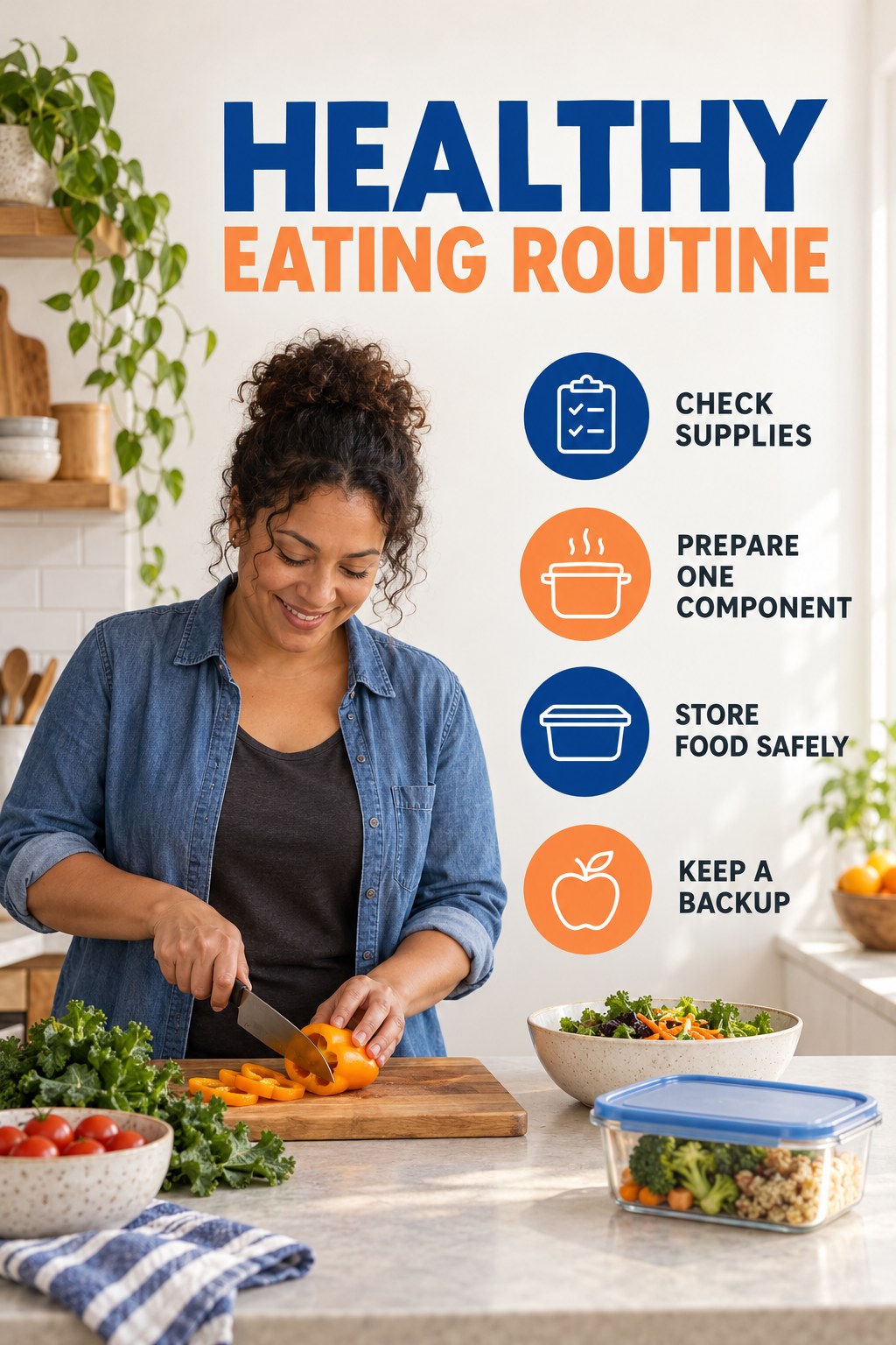 Simple Meal Preparation for Healthy Eating with four concise practical actions in a clean minimal health design.